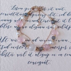 14K GP Natural Selenite & Fire Labradorite &Rose quartz Heart Carved Bracelet A4
